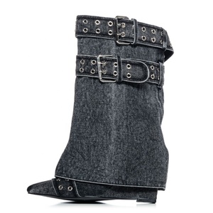 Black Denim Buckles Trendy Short Overlay Booties High Wedge Heel Mid-Calf Shaft <b>Boots</b> for Women Pointy Toe Shoes - Product Image 3