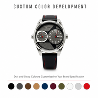 Montre pour homme à double fuseau horaire, boîtier en acier poli, bracelet en cuir véritable avec maille ajourée, style industriel décontracté, étanche