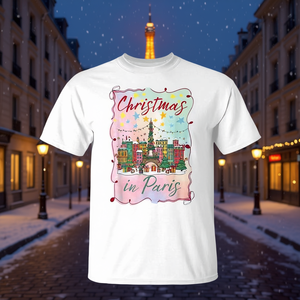 Camiseta de Navidad en París con diseño navideño de la Torre Eiffel y paisaje urbano en colores pastel - Product Image 3