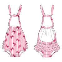 Jumpsuit anak perempuan desain ruffle tanpa lengan, bahan bambu, kualitas tinggi, custom print, model leher terbuka, cocok untuk musim panas.