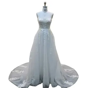 Modest A Line vestido de noiva querida pescoço sem mangas espaguete cintas rendas appilqued vestido de noiva para as mulheres