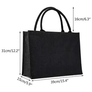 Sac fourre-tout de plage en toile de jute noire, grand format, personnalisé, imprimé, écologique, vente en gros - Product Image 2