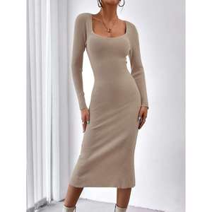Vestido midi de punto acanalado con cuello cuadrado color caqui talla XS para mujer - Product Image 5