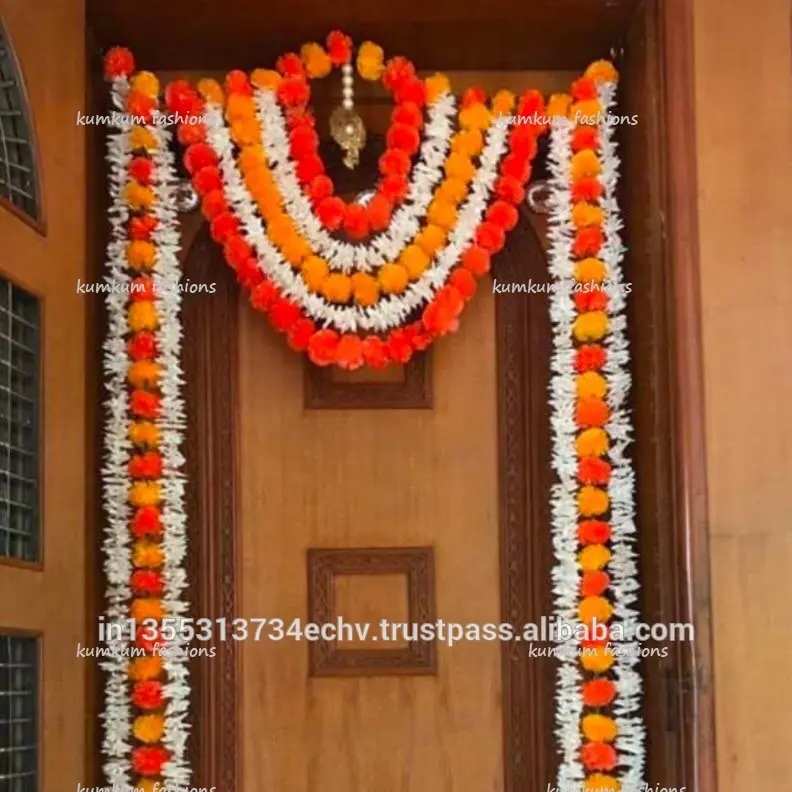 Marigold Pintu Bunga Buatan, Hiasan Gantung Pintu Pernikahan dengan Bel Plastik Buatan Tangan India