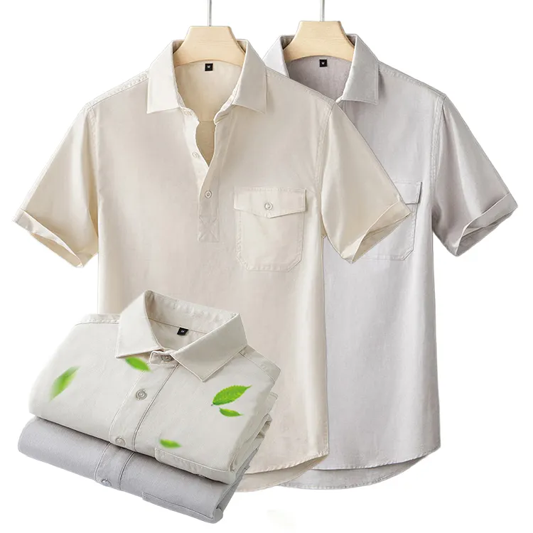 ऑर्गेनिक कॉटन लिनन ब्लेंड छोटी आस्तीन वाली आधी फ्रंट शर्ट सांस लेने योग्य लिनन पोलो शर्ट