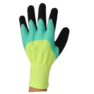 Suncend 13号针织衬里手指双涂层绿色和黑色乳胶手掌安全工作手套
