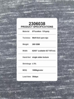 Tejido de punto heather teñido en hilo 87% algodón 13% poliéster 260GSM de trama de 62/63 pulgadas de ancho con baja contracción para camisetas, sudaderas y blusas