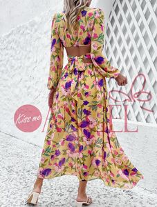 KISS ME ANGEL estate colorato profondo scollo a V con stampa floreale pieghettata elegante abito a maniche lunghe per donne sexy - Product Image 6