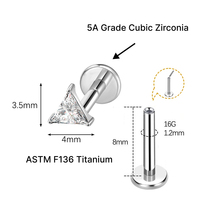 JiaXin ASTM-F136 G23 Titanio Push Pin Sin Rosca para Labret, Medusa, Forward Helix, Lobe, Flor, Circonita Cúbica, Joyería Corporal 16G