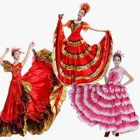 女性スペインドレスフラメンコスカートダンスコスチュームスペインジプシースカートビッグダンスフラワーコーラスステージパフォーマンス着用180度