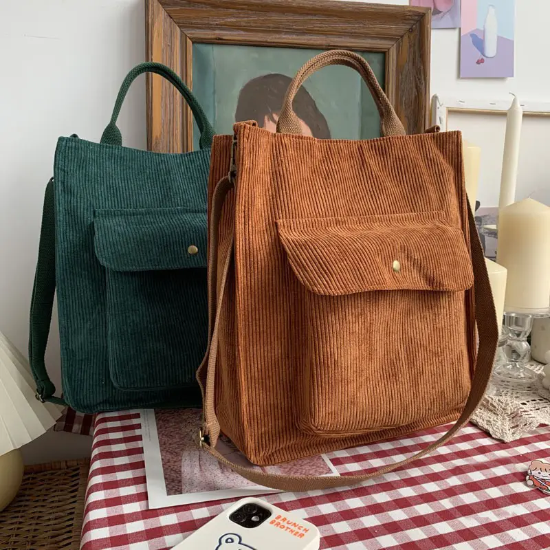 Corduroy Women Vintage Shopping Bags with Zipper Girls School bag Casual Corduroy Handbags