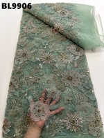 Nouvelle Tendance 2026 : Tissu en Dentelle Française Vert Vietnamien Brodé de Perles et de Paillettes pour Mariage et Soirée
