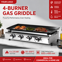 Grill à gaz commercial sans fumée à 4 brûleurs, antiadhésif, en acier inoxydable, pour barbecue extérieur, table de cuisson