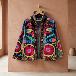 Chaqueta Bomber Unisex Hecha a Mano en Terciopelo Gris Carbón con Bordado Suzani, Frente Abierto, para Invierno y Otoño, con Hilo Floral - Product Image 3
