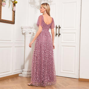 Luxus Abendkleider Frauen Kurzarm V-Ausschnitt Backless Mesh gefüttert Bestickte Ballkleider Elegante Brautjungfer kleider - Product Image 1