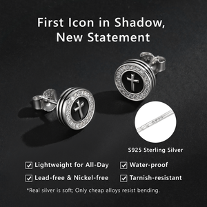 Boucles d'oreilles clous croix classiques pour hommes en argent 925, émail noir, CZ transparent 5A, style Iced Out, inspirées de la foi, bijoux résistants au ternissement - Product Image 4