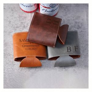 Manchon isotherme personnalisé en similicuir et néoprène pour canette de bière 12 oz, idéal pour les cadeaux de mariage - Product Image 1