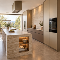 Cuisine Modulaire Moderne Sur Mesure Sans Poignées, Grand Îlot, Plan de Travail en Quartz de Luxe, Éclairage LED, Projet Complet pour Villa