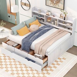 White Solid Wood <b>Storage</b> <b>Sofa</b> <b>Bed</b> With Bookshelves And Drawers For Bedroom Use - Product Image 1