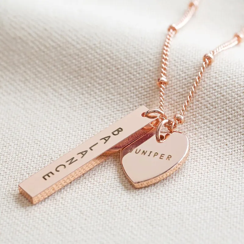 Fashion Jewelry Stainless Steel Clip Bead Chain Necklace Personalized Vertical Bar With Heart Pendant Necklace Engraved Word