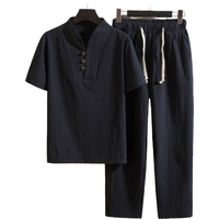Ensemble Homme Chemise et Pantalon Élégants en Lin/Coton Uni, Respirant, Essentiel d'Été au Design Tissé, Style Décontracté