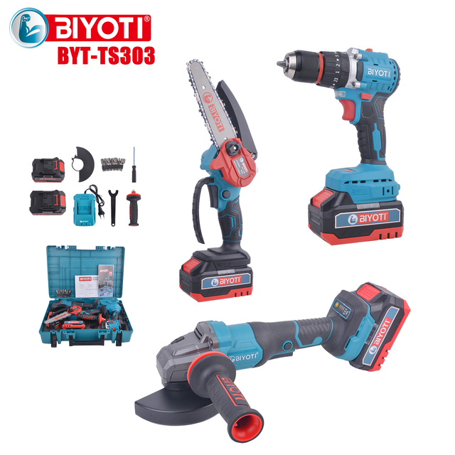 BYT-TS303 Portable 21v Professional Cordless Plastic 3-in-1 Lithium Battery Power Tool Kit 6 Inch Chainsaw 125mm Angle Grinder