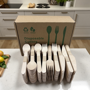 <span class=keywords><strong>Kit</strong></span> de couverts jetables en bois 100 % naturels, biodégradables et écologiques avec boîte, échantillon gratuit pour les fêtes en plein air - Product Image 3