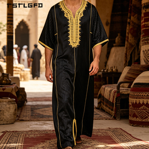 <b>Men</b> Black <b>Thobe</b> Gold Thread Embroidery V-Neck Gold Stripe Piping Short Sleeve Full-Length Luxury Islamic Jubba Formal Robe - Product Image 2