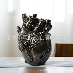 Jarrón de Resina con Diseño de Corazón Mecánico, Color Negro y Dorado Agrietado, Decoración Industrial para el Hogar, Regalo para el Día de San Valentín - Product Image 4