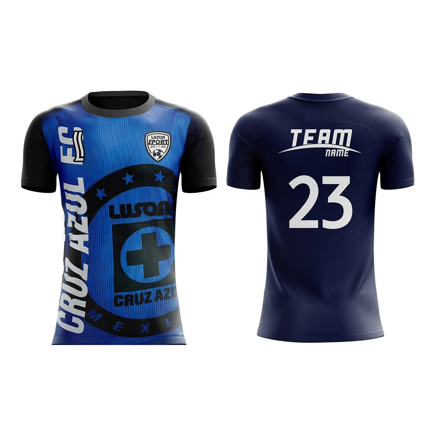Camisa de futebol Luson com impressão sublimada personalizada, novo design, sarja digitalmente sublimada, camisa de futebol Cruz Azul