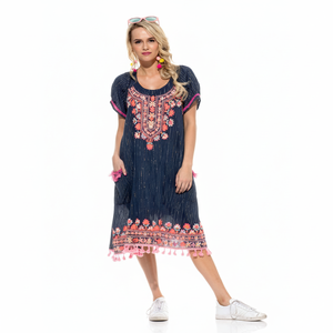 Vestido corto estilo jardín bohemio para mujer, Túnica de verano de algodón Aari bordado llamativo manga de burbuja exterior Tallas grandes - Product Image 1