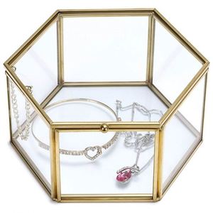 Caja de Joyería Hexagonal Clásica de Vidrio con Marco de Metal Dorado, Exhibidor Transparente para Recuerdos, Organizador de Joyas para Mujer - Product Image 1