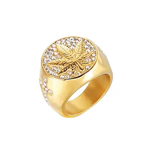 Популярное полностью Золотое кольцо из нержавеющей стали в стиле хип-хоп с фианитами и листьями конопли для мальчиков