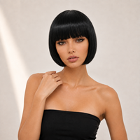 Perruque Courte Bob Noire en Gros d'Usine, Perruque Synthétique Droite avec Frange Droite, Perruque Complète Tendance pour Fête et Cosplay pour Femmes