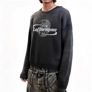 ODM Vintage Washed Cropped Knit Sweater Custom Logo Print Embroidery Crew Neck Top Soft Skin-friendly Fashion Daily Wear Men's - Product Image 5