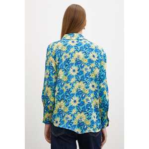 Chemise boutonnée à motif lotus pour femme, imprimé floral bleu, popeline, style décontracté pour tous les jours - Product Image 3