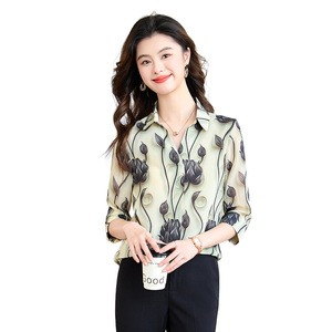 European Style Printed Collared Three Quarter Sleeve Shirt Women Floral Print Chiffon Loose Fit Elegant Top Everyday Wear - Product Image 5