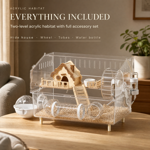 Cage transparente pour hamster en acrylique, petit habitat pour animaux de compagnie, maison en bois, roue de course, tube, toutes saisons - Product Image 3