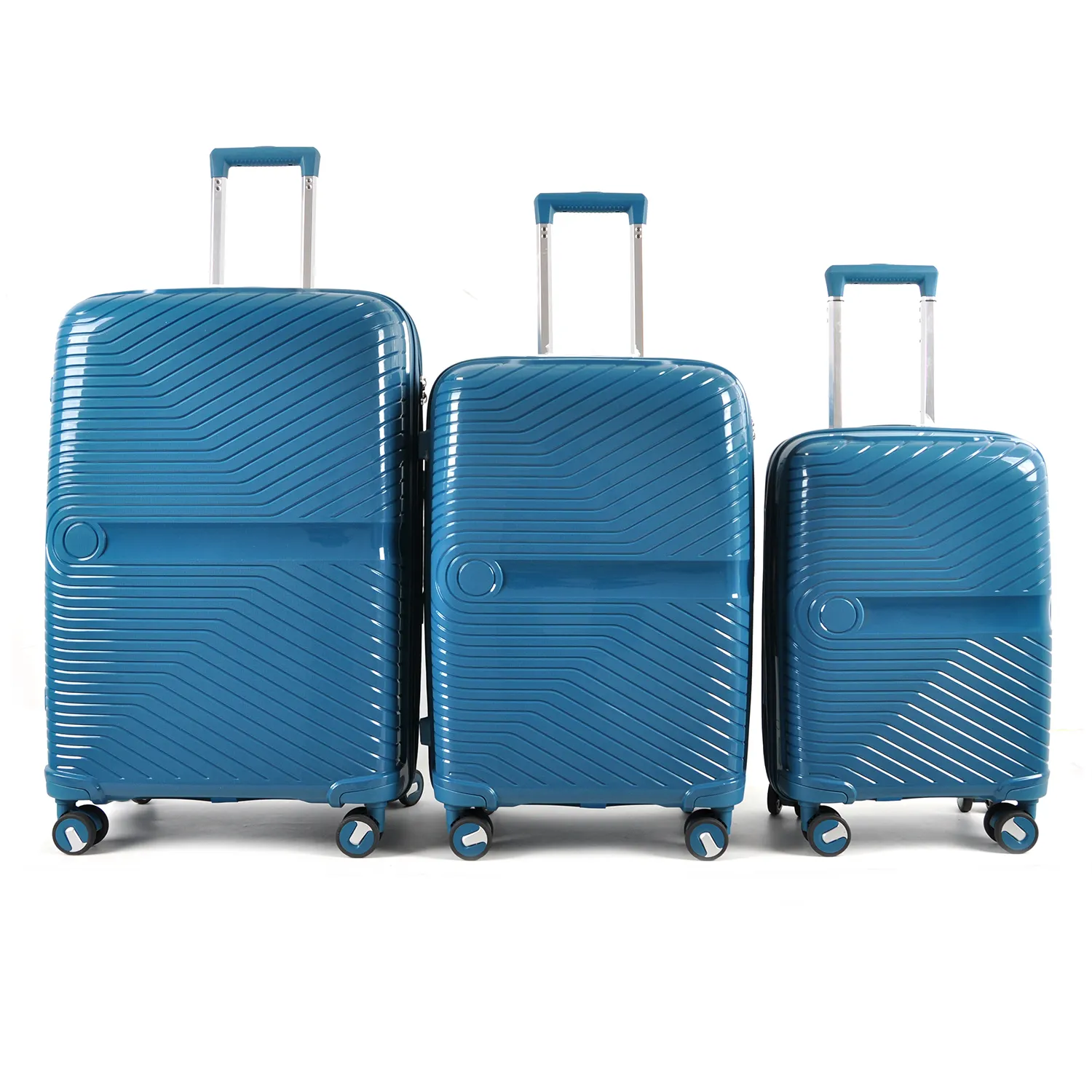 फ़ैक्टरी आउटलेट पीपी सामग्री स्वयं वजन वाला चार-टुकड़ा धारीदार सूटकेस, टिकाऊ प्लास्टिक सामान