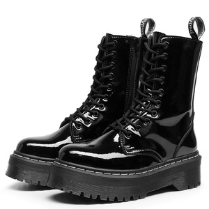 Black Patent Leather Ankle <b>Boots</b> Round Toe Lace-up Chunky Heel Anti-Slip Rubber Outsole All Seasons Style Wholesale - Product Image 1