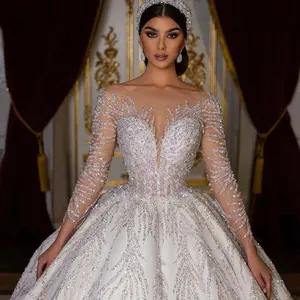 High Quality Glitter Muslim Wedding Dresses Long Sleeves Arabic Luxury A Line Long Bridal Gowns