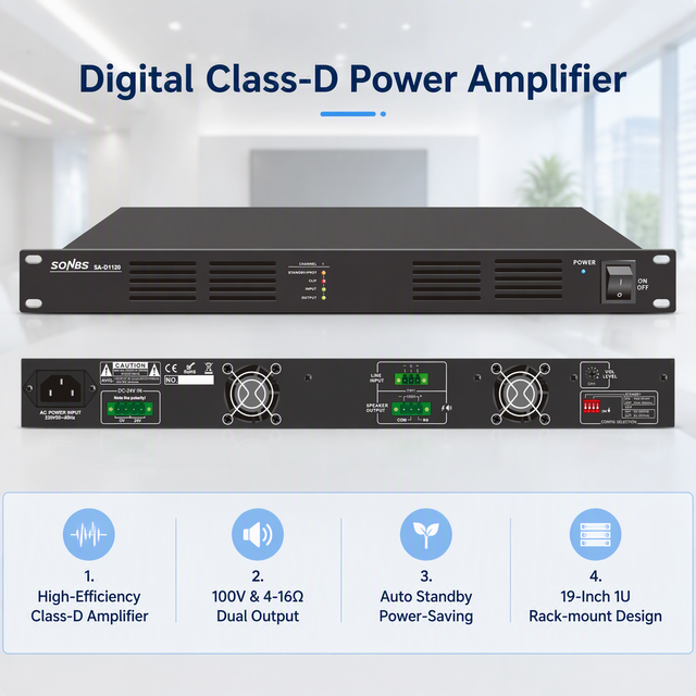 High Efficiency 120W/240W/350W/500W Sound Equipment/Amplifiers/Speaker Use Digital Class-D Power Amplifier 100V 4-16 Output 1U