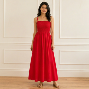 Vestido Maxi de Verano Casual para Mujer, Color Rojo Sólido, Cuello Cuadrado, Sin Mangas, con Tirantes, Cómodo de Usar, Alta Calidad, Venta al Por Mayor - Product Image 1