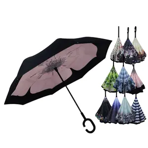 HJH531 LOGO personalizzato antivento inverso C-Hook ombrello maschile inverso pieghevole gambo lungo doppio strato ombrelli invertiti per le donne