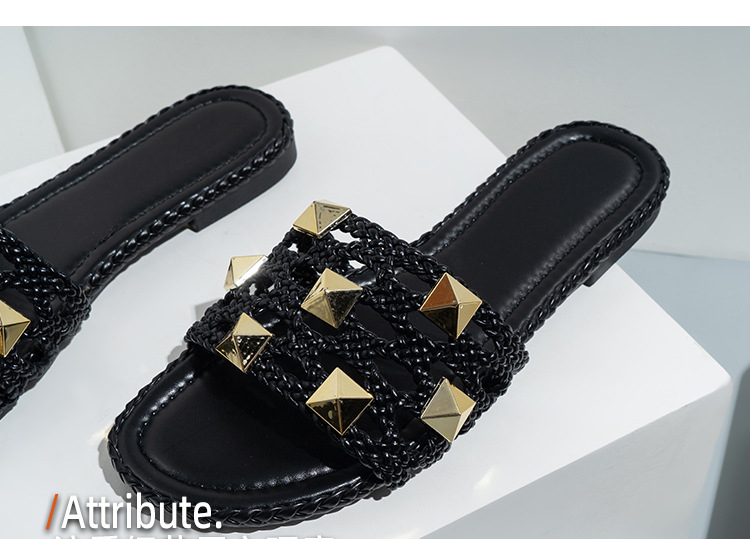 2023 Woven Hollowed Out Flat Slippers Fashion Rivets Outdoor Slippers Women Beach Slides