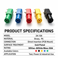 Prise banane de sécurité 4 mm à montage sur circuit imprimé, en laiton plaqué or avec boîtier isolant PA, 5 couleurs, max. 32A, pour test de puissance industrielle