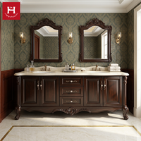 Meuble-lavabo double vasque en bois massif sculpté sur mesure Happy Houses, finition brun foncé, avec comptoir en marbre, pour villa et maison