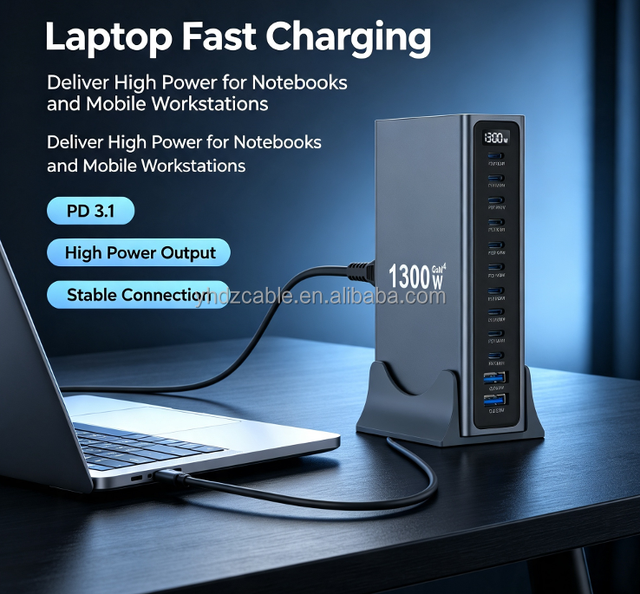 1300W Multi Port 12-port USB GaN Fast Charging Desktop Charger Adapter 140W Laptop and Tablet Fast Charger