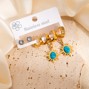 ANENJERY Unisex Retro <span class=keywords><strong>Ear</strong></span> Stud Earrings Set Nova Moda em Aço Inoxidável Azul estampado Pedra Geométrica Funil Sun Star Brincos - Product Image 4