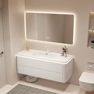 New White Modern Wall-Mounted Smart Bathroom <b>Vanity</b> Unit with LED Light Time Display Ceramic Basin Storage <b>Mirror</b> Cabinet - Product Image 2